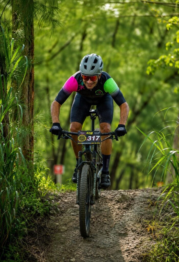 Nelson Bautista racing his mountain bike on a forest trail